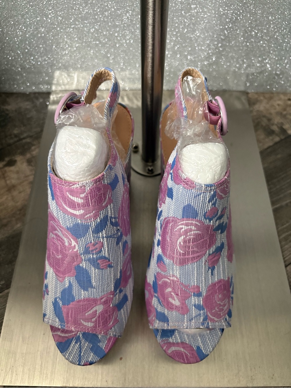 Ashley Stewart Pink and Blue Floral Peep-Toe Slingbacks